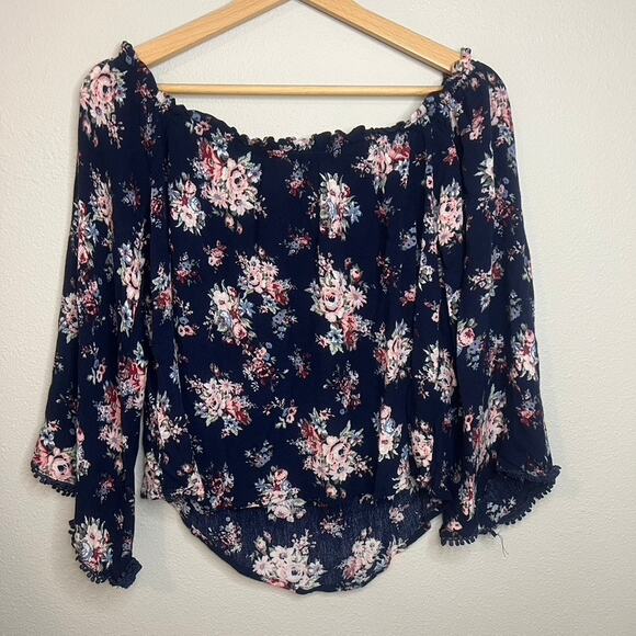 Cottage Core Top Asymmetric Bell Sleeve Coquette Fairy Sz L Dark Floral Flowy - Picture 9 of 10